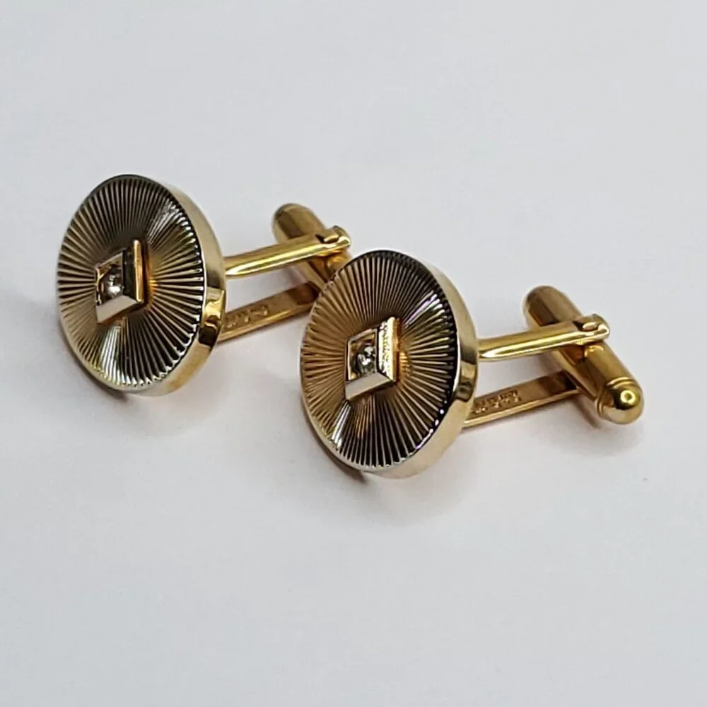 Vintage Gold Tone Cufflinks Starburst Oval Clear Rhinestone Crystal